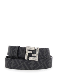 Fendi Men Belt With Ff Logo Plate In Metallic And Black Grained Leather For Men