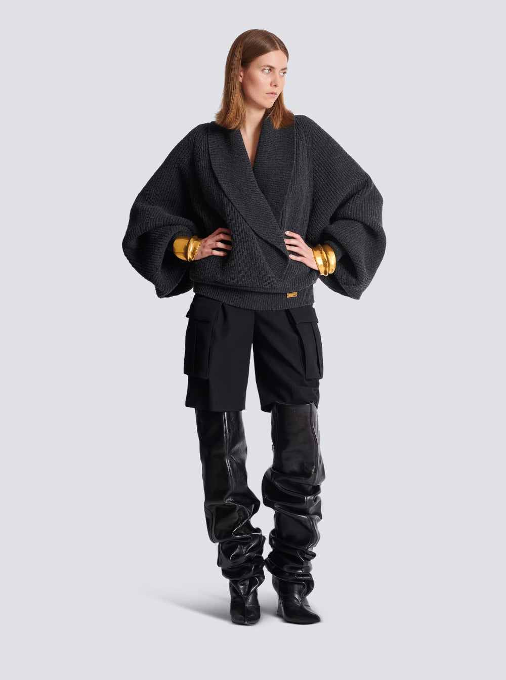 Balmain Women Grey Sweater With Weap Effect And Wide Revers In Wool Woman