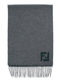 FENDI Fendi Men Gray 'Ff' Scarf With Fringed Edge And Ff Embroidery On The Front In Wool And Cashmere For Men