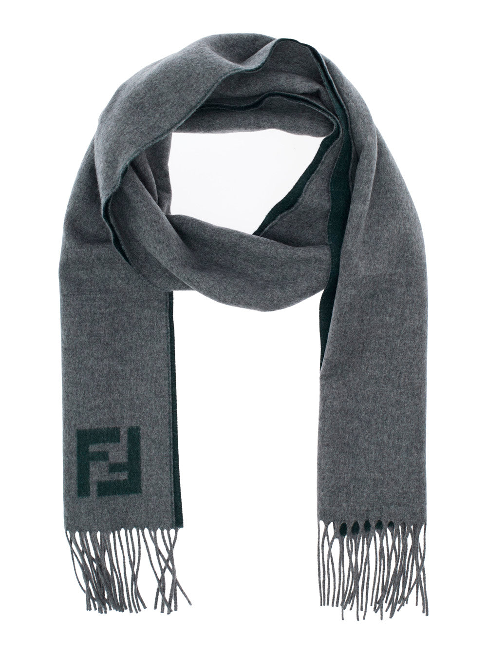 FENDI Fendi Men Gray 'Ff' Scarf With Fringed Edge And Ff Embroidery On The Front In Wool And Cashmere For Men