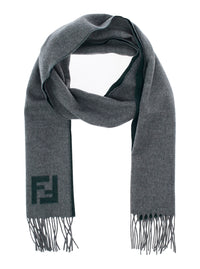 FENDI Fendi Men Gray 'Ff' Scarf With Fringed Edge And Ff Embroidery On The Front In Wool And Cashmere For Men