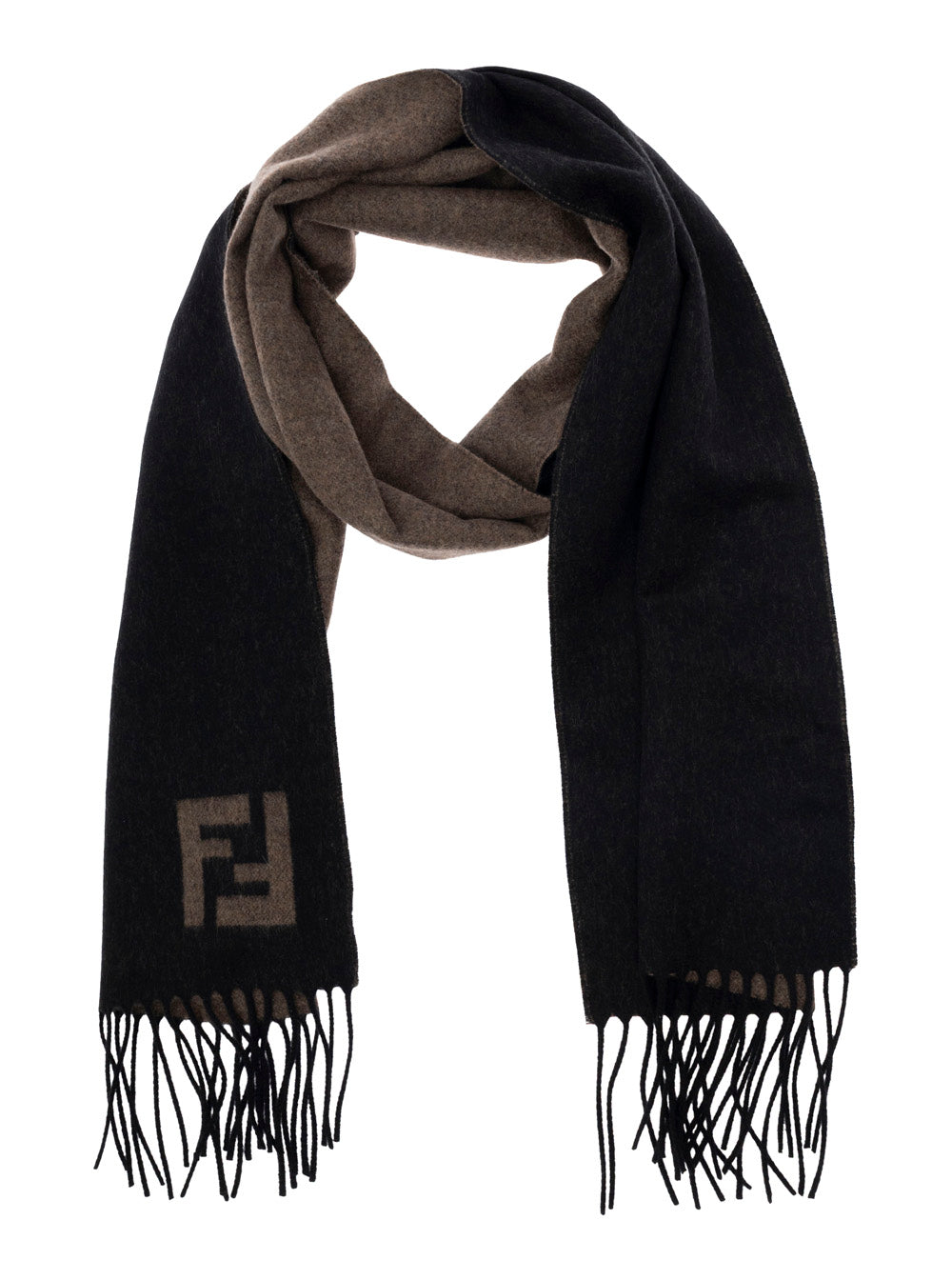 FENDI Fendi Men Fringed Edge Scarf With Ff Embroidery On Front In Black Wool And Cashmere For Men