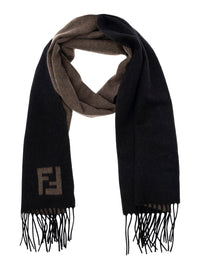FENDI Fendi Men Fringed Edge Scarf With Ff Embroidery On Front In Black Wool And Cashmere For Men