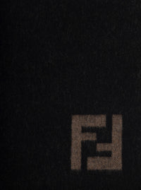 FENDI Fendi Men Fringed Edge Scarf With Ff Embroidery On Front In Black Wool And Cashmere For Men