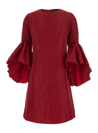 Leplain Women Red Crew Neck Dress With Flared Draped Sleeves In Silk Blend Woman