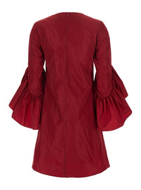 Leplain Women Red Crew Neck Dress With Flared Draped Sleeves In Silk Blend Woman