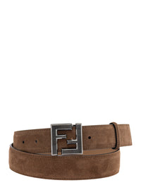 Fendi Men Brown Leather Belt With Ff Buckle In Suede Man