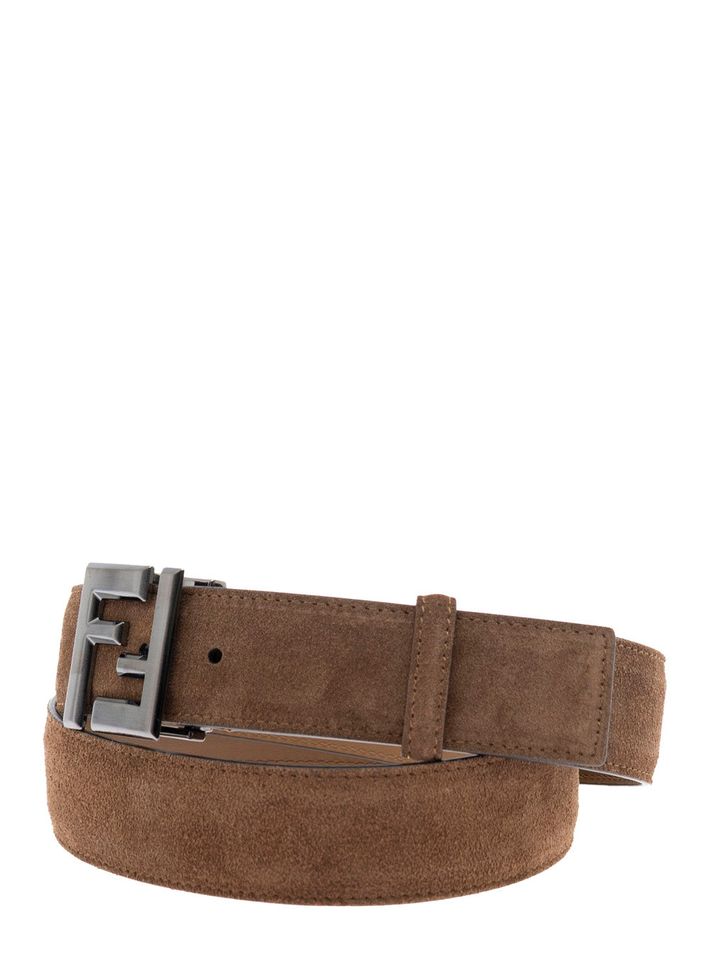 Fendi Men Brown Leather Belt With Ff Buckle In Suede Man