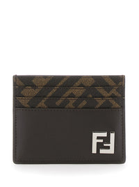 Fendi Men Squared Ff Card Holder In Leather And Ff Canvas Brown Men