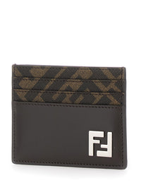 Fendi Men Squared Ff Card Holder In Leather And Ff Canvas Brown Men