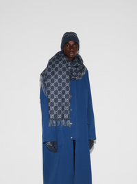 Gucci Men Hat "Gg All-Over" Blue With Cashmere Cuff Men