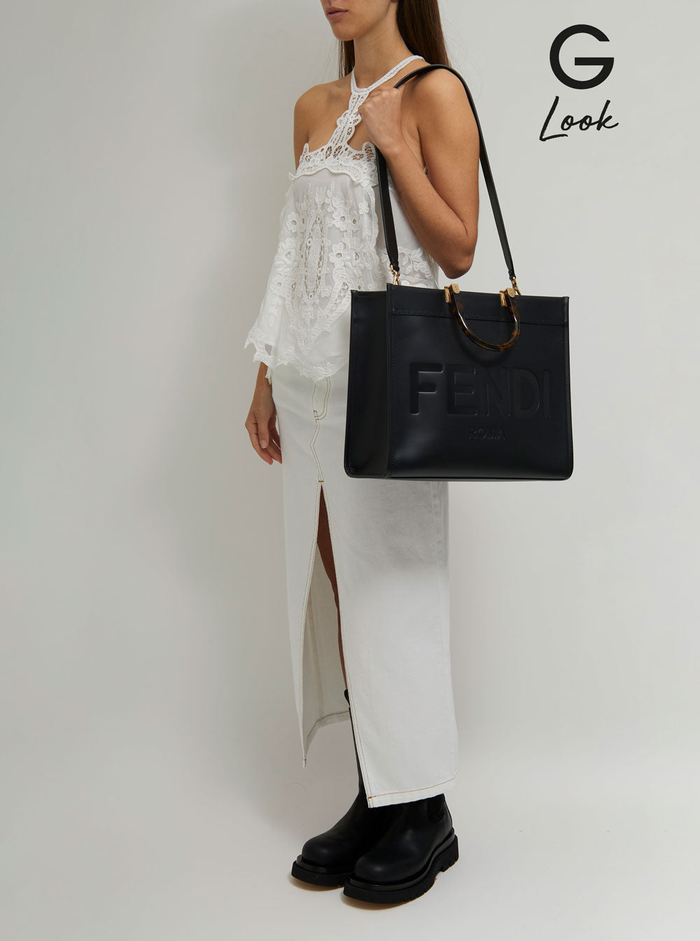 Fendi Women Handbag 'Sunshine' With Embossed Logo And Turtle Effect Handle In Black Leather For Women