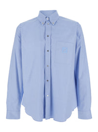 Fendi Men Light Blue Button-Down Collar Shirt With Ff Embroidery On Front In Cotton For Men