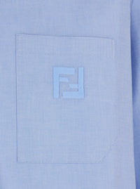 Fendi Men Light Blue Button-Down Collar Shirt With Ff Embroidery On Front In Cotton For Men