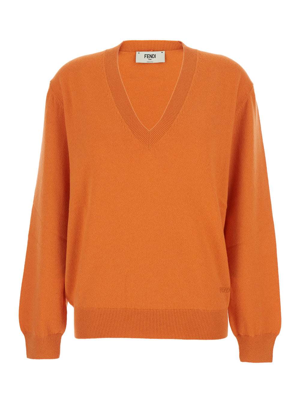 Fendi Women Orange Oversized Sweater With V-Neck And Logo Lettering Embroidery In Cashmere For Women