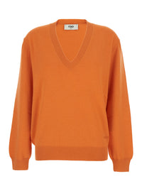 Fendi Women Orange Oversized Sweater With V-Neck And Logo Lettering Embroidery In Cashmere For Women