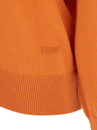 Fendi Women Orange Oversized Sweater With V-Neck And Logo Lettering Embroidery In Cashmere For Women