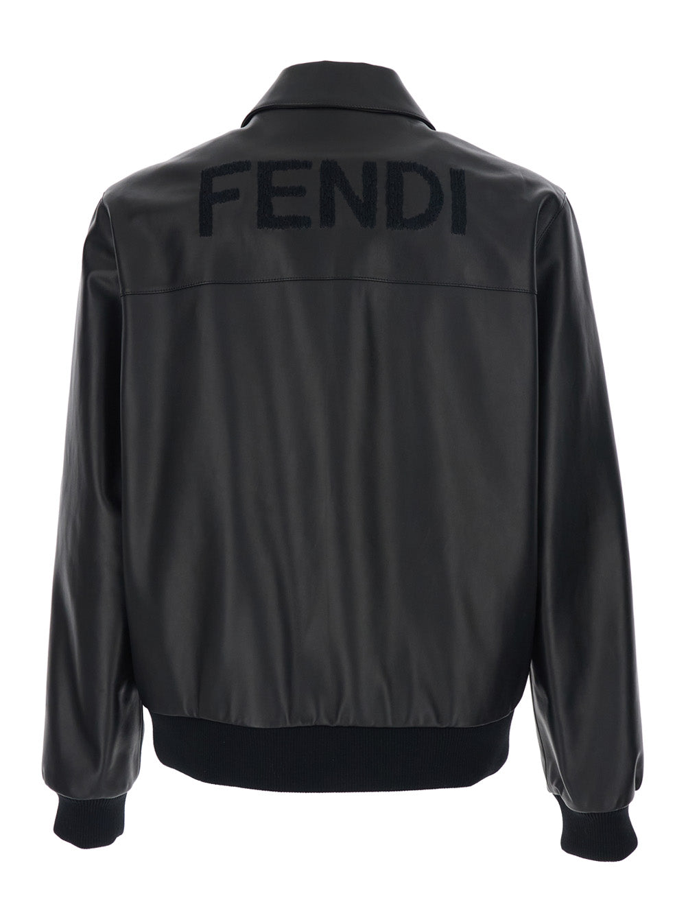 Fendi Men Black Classic Collar Jacket With Lettering Logo On The Back In Leather For Men
