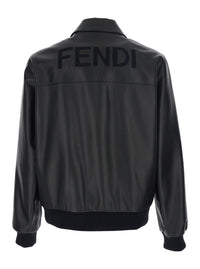 Fendi Men Black Classic Collar Jacket With Lettering Logo On The Back In Leather For Men