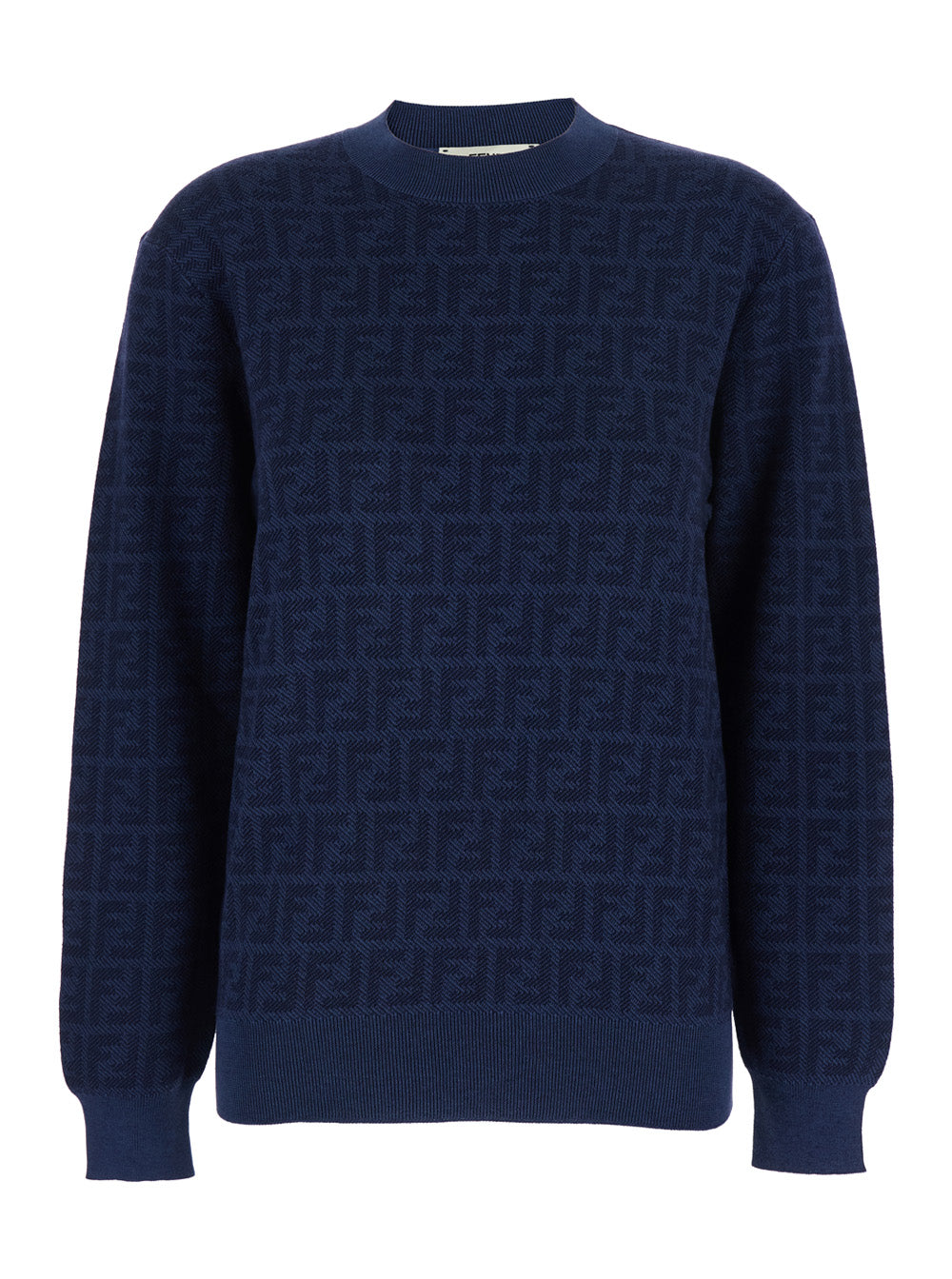 Fendi Women Blue Crew Neck Sweater With All-Over Ff Motif In Wool And Silk For Women