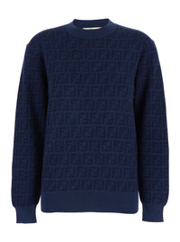 Fendi Women Blue Crew Neck Sweater With All-Over Ff Motif In Wool And Silk For Women