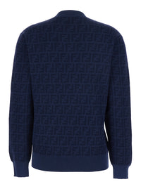 Fendi Women Blue Crew Neck Sweater With All-Over Ff Motif In Wool And Silk For Women