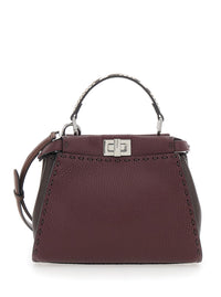 Fendi Women Bordeaux Peekaboo Tote Bag With Snakeskin Handle And Turn Lock Closure On Both Sides In Hammered Leather For Women