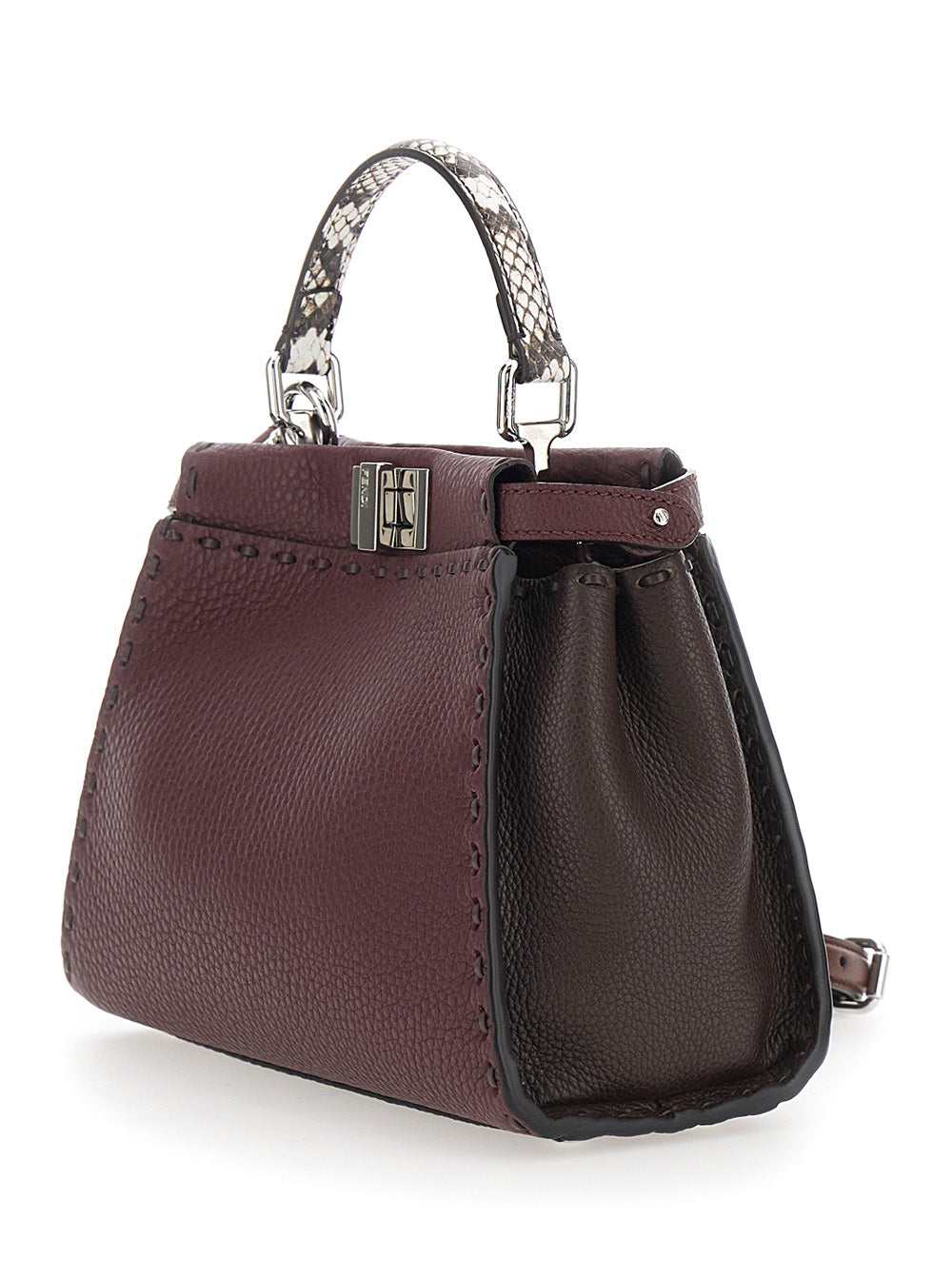 Fendi Women Bordeaux Peekaboo Tote Bag With Snakeskin Handle And Turn Lock Closure On Both Sides In Hammered Leather For Women
