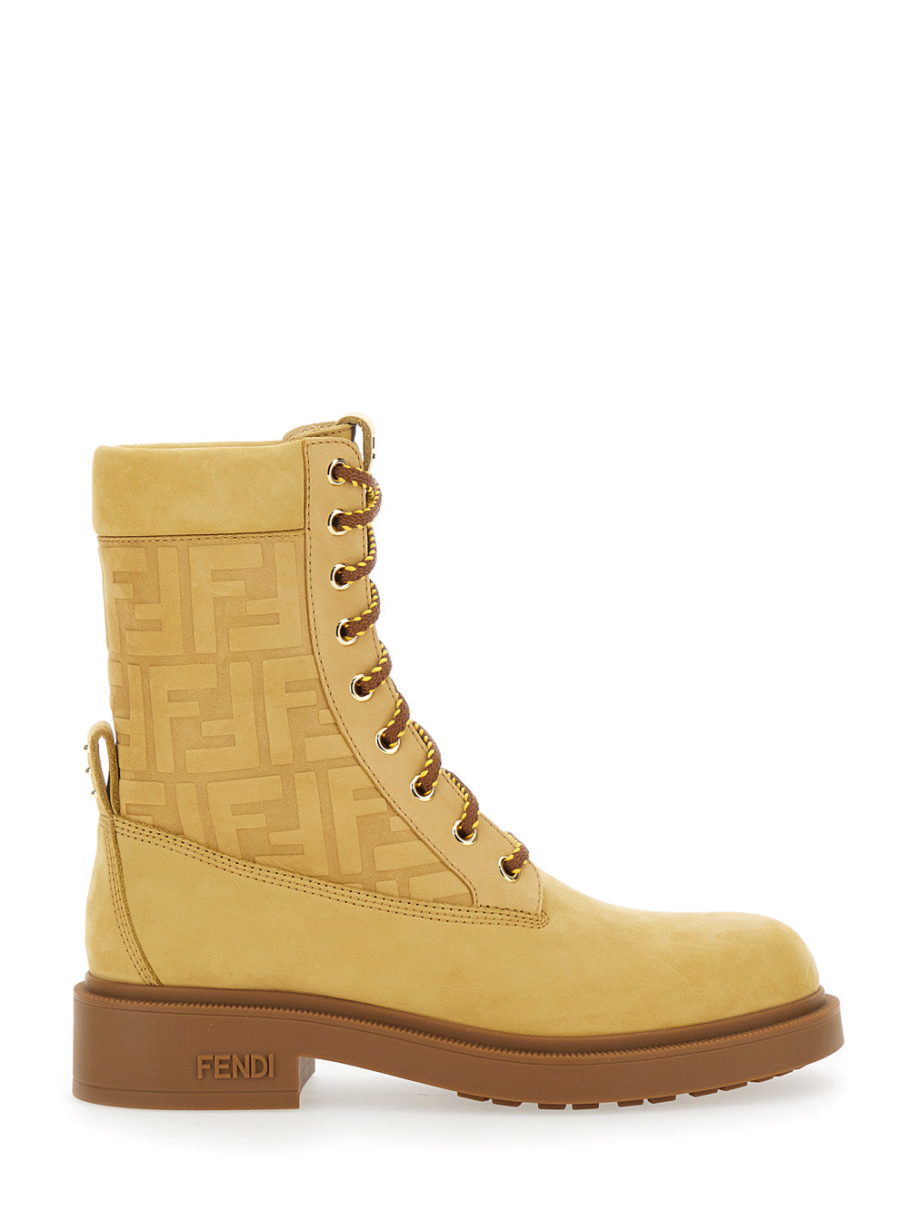 Fendi Women Yellow Combat Boots With Tone-On-Tone Ff Motif And Side Logo In Leather For Women