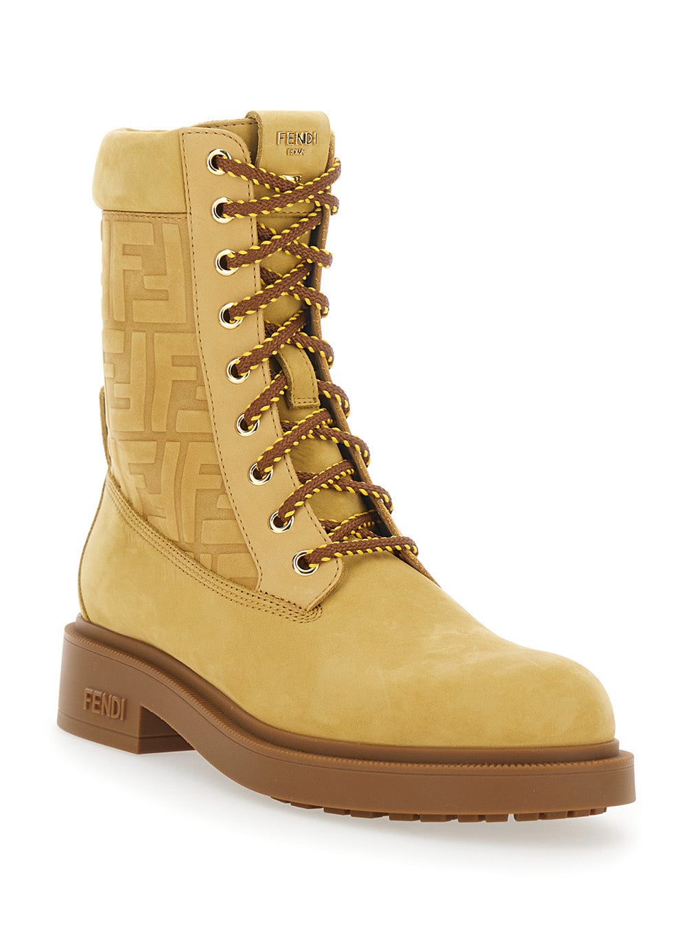 Fendi Women Yellow Combat Boots With Tone-On-Tone Ff Motif And Side Logo In Leather For Women