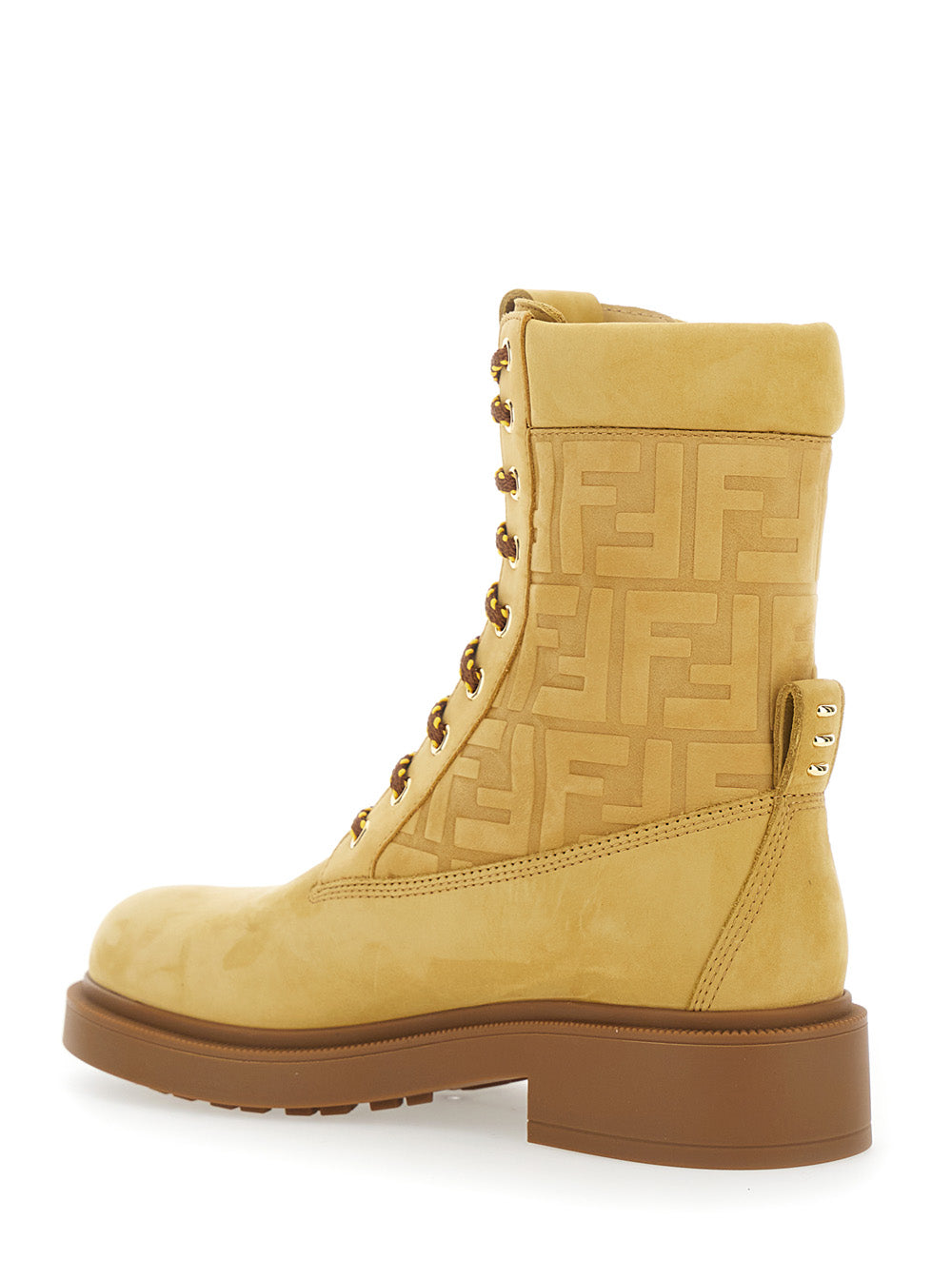 Fendi Women Yellow Combat Boots With Tone-On-Tone Ff Motif And Side Logo In Leather For Women
