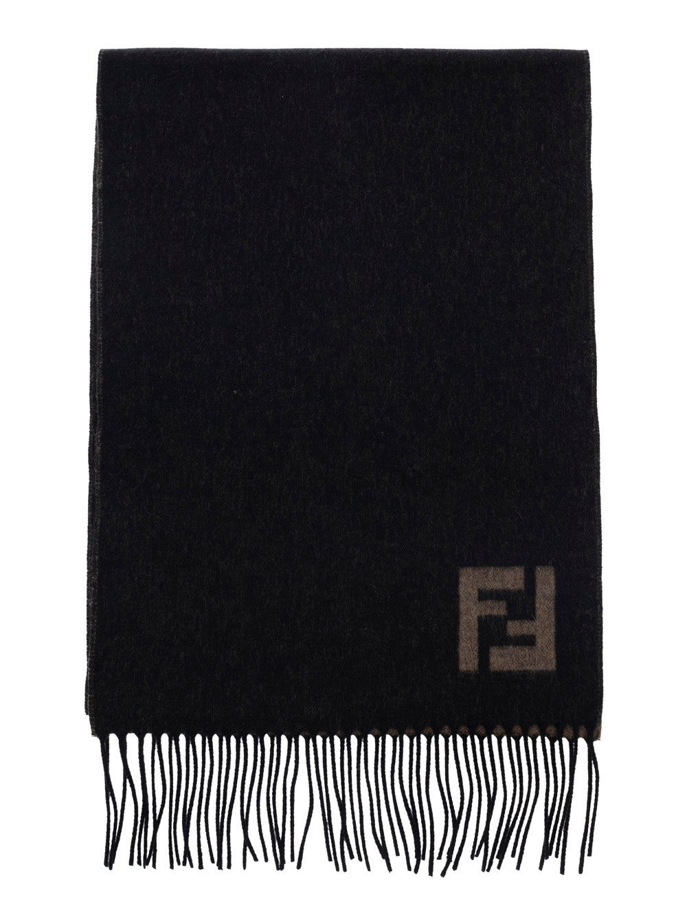 FENDI Fendi Men Fringed Edge Scarf With Ff Embroidery On Front In Black Wool And Cashmere For Men