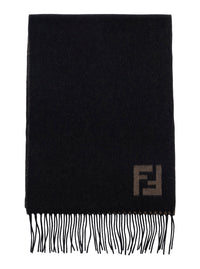 FENDI Fendi Men Fringed Edge Scarf With Ff Embroidery On Front In Black Wool And Cashmere For Men