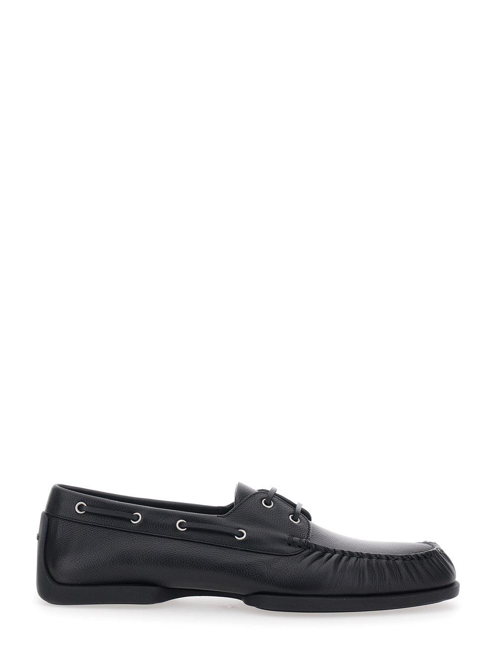 Jil Sander Men Black Loafers With Ruffled Details And Rounded Toe In Leather For Men