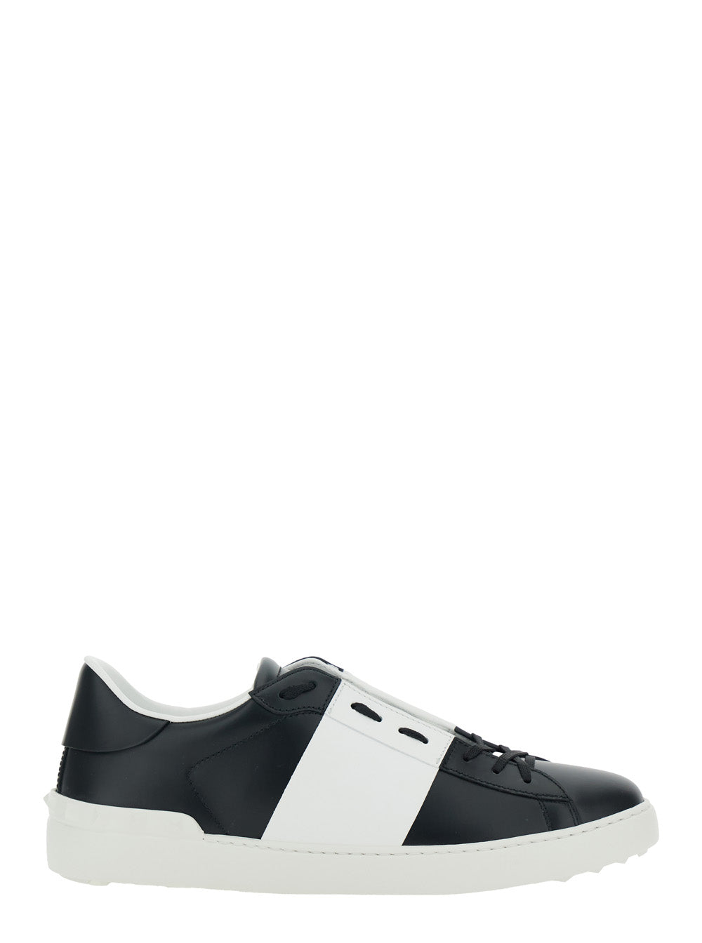 Valentino Garavani Men 'Open' White And Black Low Top Sneaker With Logo Patch On The Tongue In Leather Man