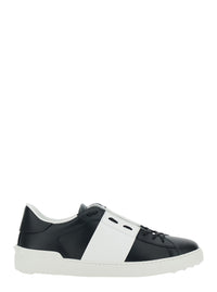 Valentino Garavani Men 'Open' White And Black Low Top Sneaker With Logo Patch On The Tongue In Leather Man