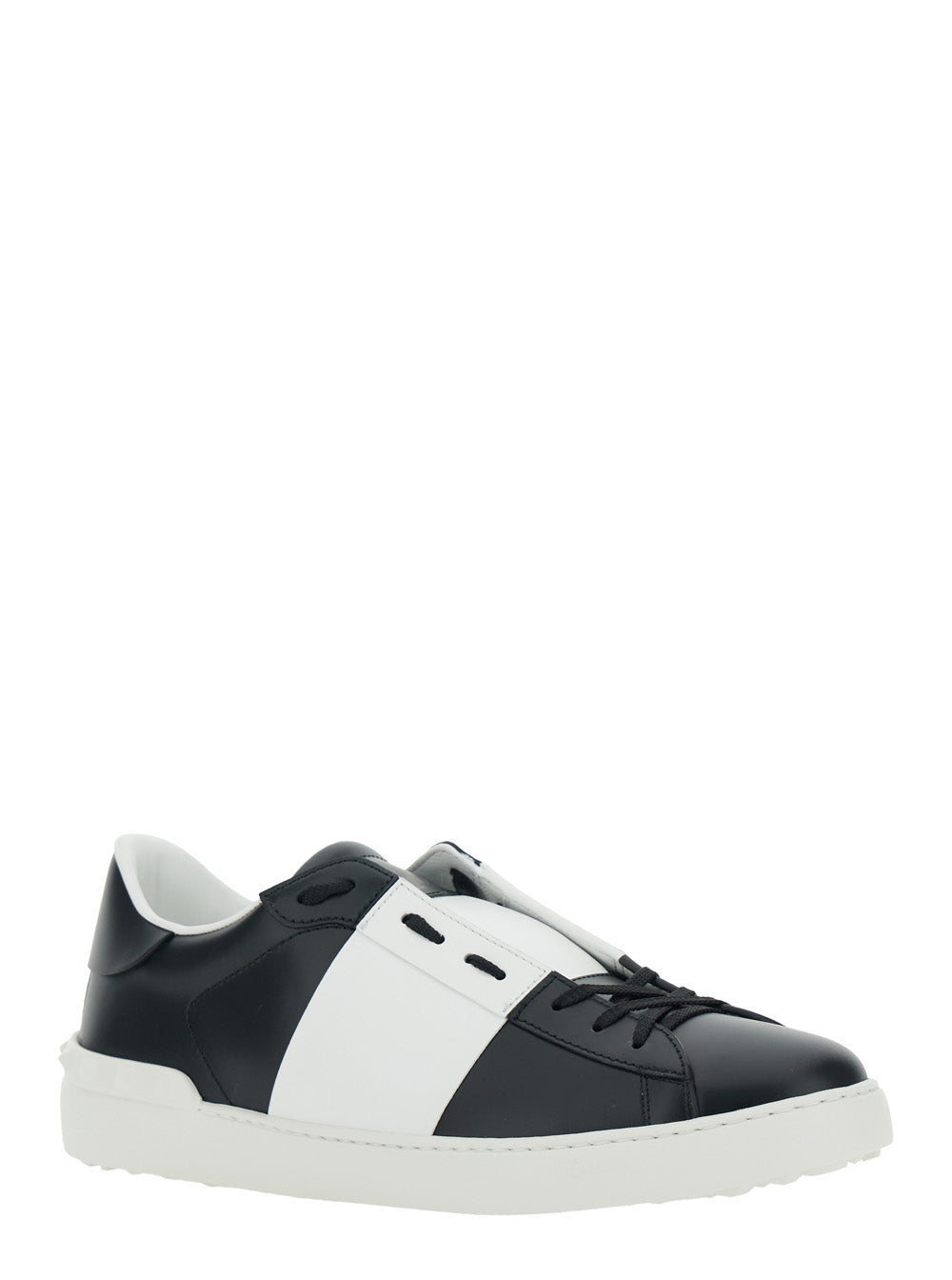 Valentino Garavani Men 'Open' White And Black Low Top Sneaker With Logo Patch On The Tongue In Leather Man