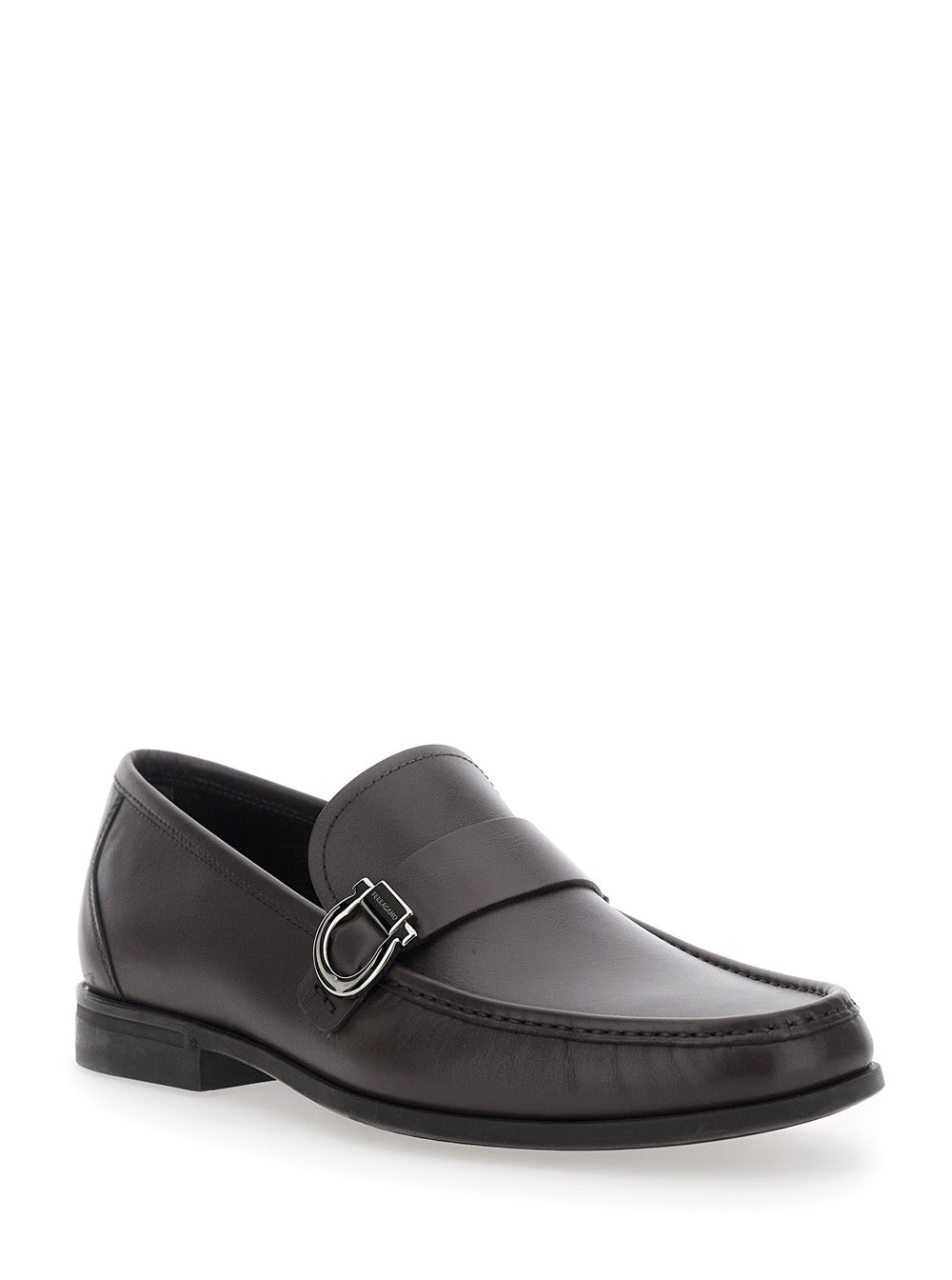 Ferragamo Men Brown Loafers With Gancini Detail On Side In Leather Man