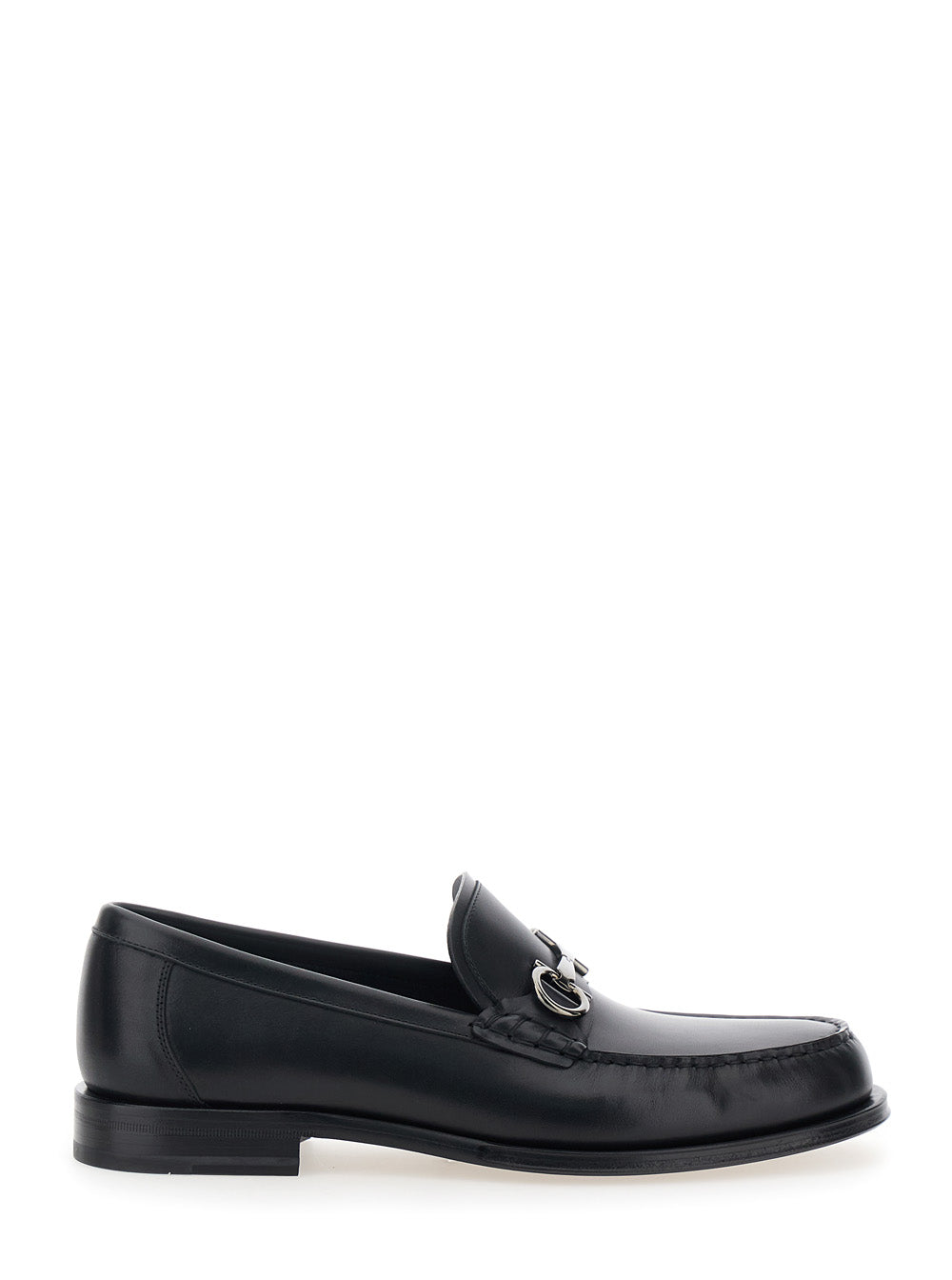 Ferragamo Men Black Loafers With Gancini Metal Detail On The Front In Leather Man