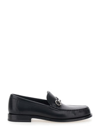 Ferragamo Men Black Loafers With Gancini Metal Detail On The Front In Leather Man