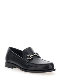 Ferragamo Men Black Loafers With Gancini Metal Detail On The Front In Leather Man