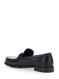 Ferragamo Men Black Loafers With Gancini Metal Detail On The Front In Leather Man