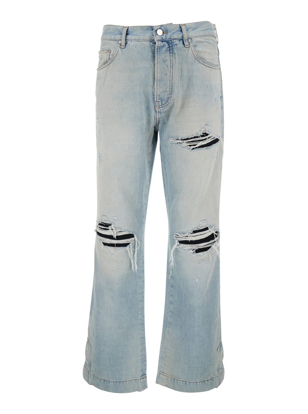 Amiri Men Men's Light Blue Denim Jeans With Ripped Details And Logo Patch On The Back
