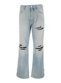 Amiri Men Men's Light Blue Denim Jeans With Ripped Details And Logo Patch On The Back