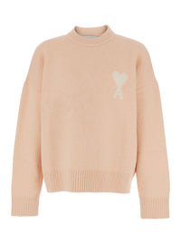 Ami Paris Men Pink Crewneck Sweater With Adc Embroidery On The Front And Dropped Shoulders In Wool Blend Woman