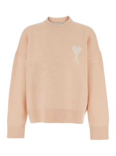 Ami Paris Men Pink Crewneck Sweater With Adc Embroidery On The