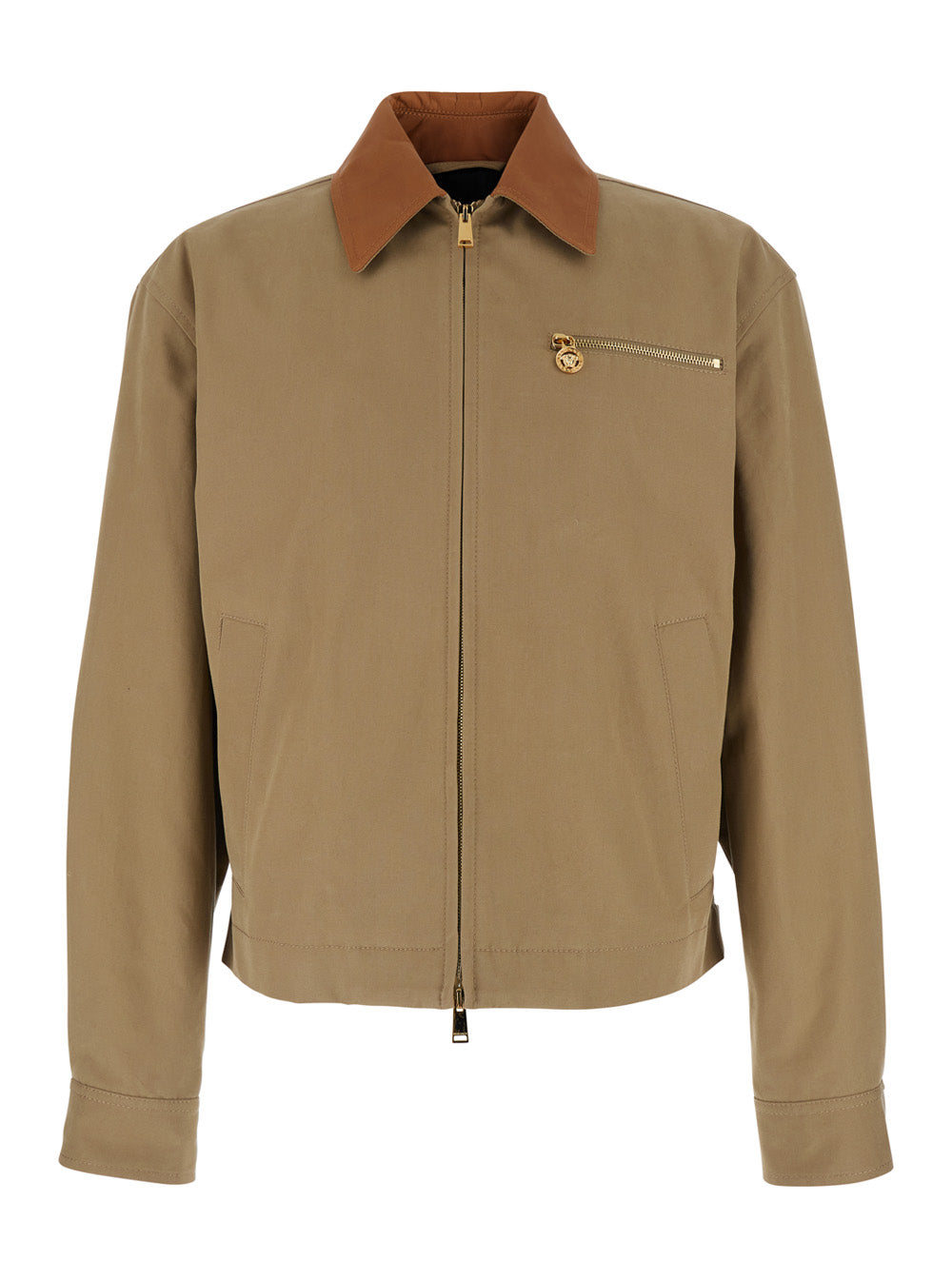 Versace Men Beige Jacket With Leather Collar And Medusa Head Metallic Detail In Cotton For Men