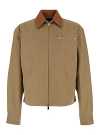 Versace Men Beige Jacket With Leather Collar And Medusa Head Metallic Detail In Cotton For Men