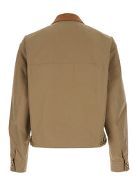 Versace Men Beige Jacket With Leather Collar And Medusa Head Metallic Detail In Cotton For Men