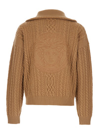 Versace Men Beige High Neck Sweater With Zip And Embroidered Medusa Head On The Back In Wool For Men